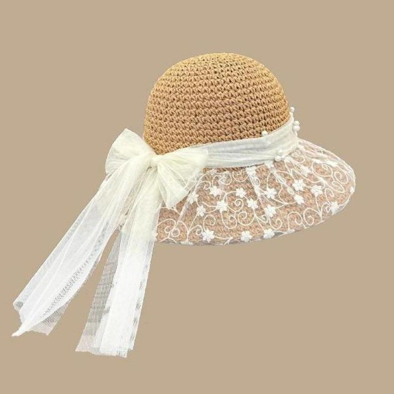 Women's Summer Hat Lace Ribbon Bow Flower Beads Big Brim Sunscreen Bucket Hat Sunshade Beach Accessories Sunhat New