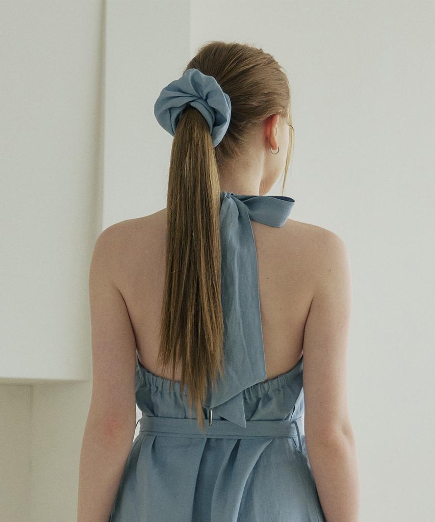 Belrma Sky Linen Back-Open Ribbon Halterneck Dress