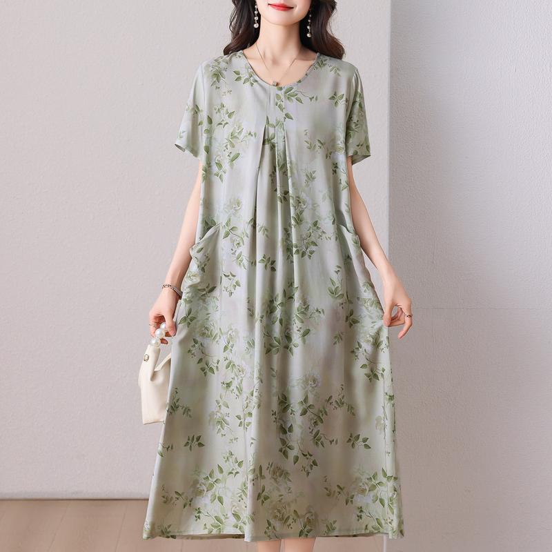 Übergröße, langes Sommerkleid mit Vintage-Druck für Damen, elegantes, kurzärmeliges, lockeres Sommerkleid in Übergröße