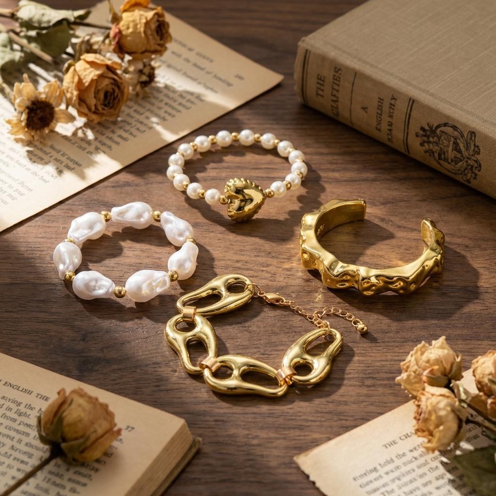 Bracciale a Bracciale Aperto con Perle Imitazione Barocche Esagerate per Donna, Braccialetto Impilabile Placcato Oro Vintage, Gioielli