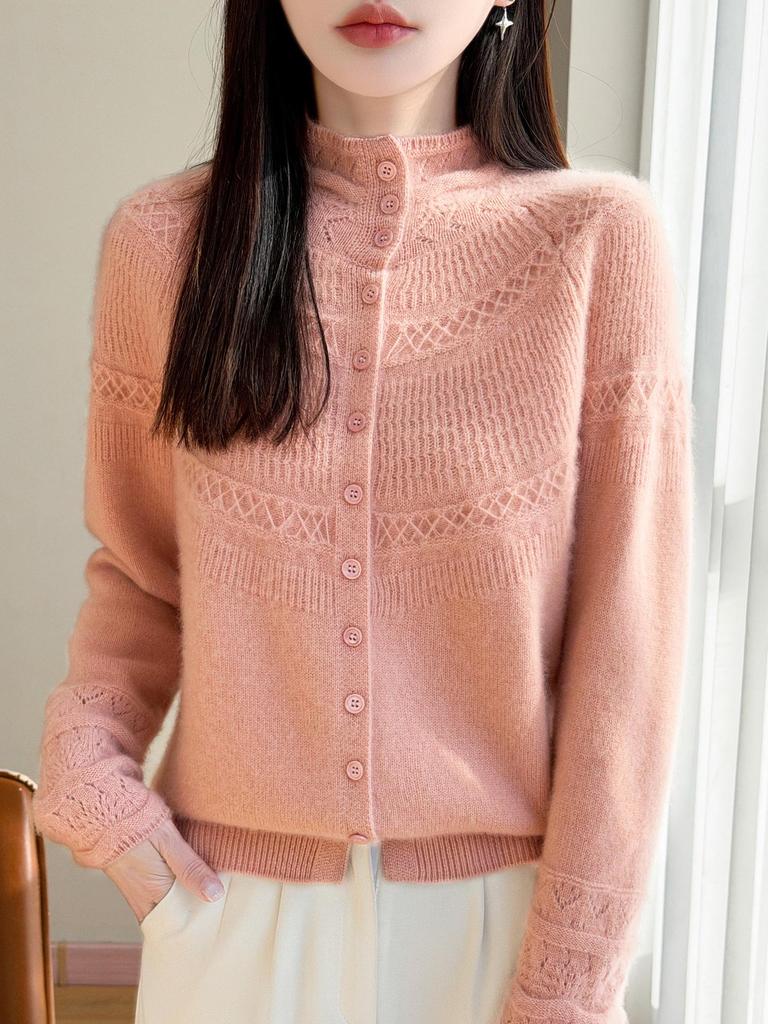 Women's Hollow Crochet Wool Knit Cardigan Sweater with Stand Collar - Autumn/Winter Temperament