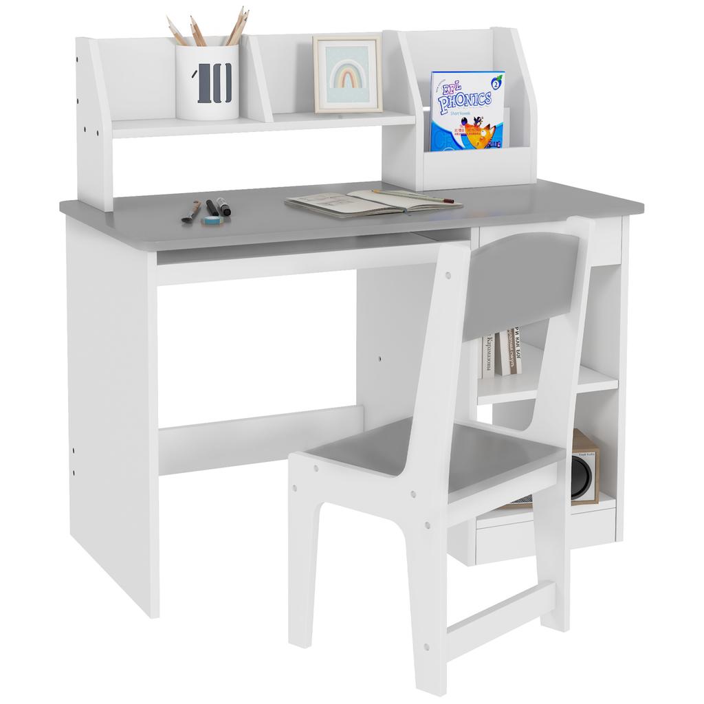 Children's Desk with Ergonomic Chair, Keyboard Tray, Drawer, Shelves, 90 x 45 x 90 cm, Grey