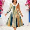 Women Plus Size V Neck Furry Trim Long Sleeve Printed Dark Blue Tie Waist A Line Midi Dress