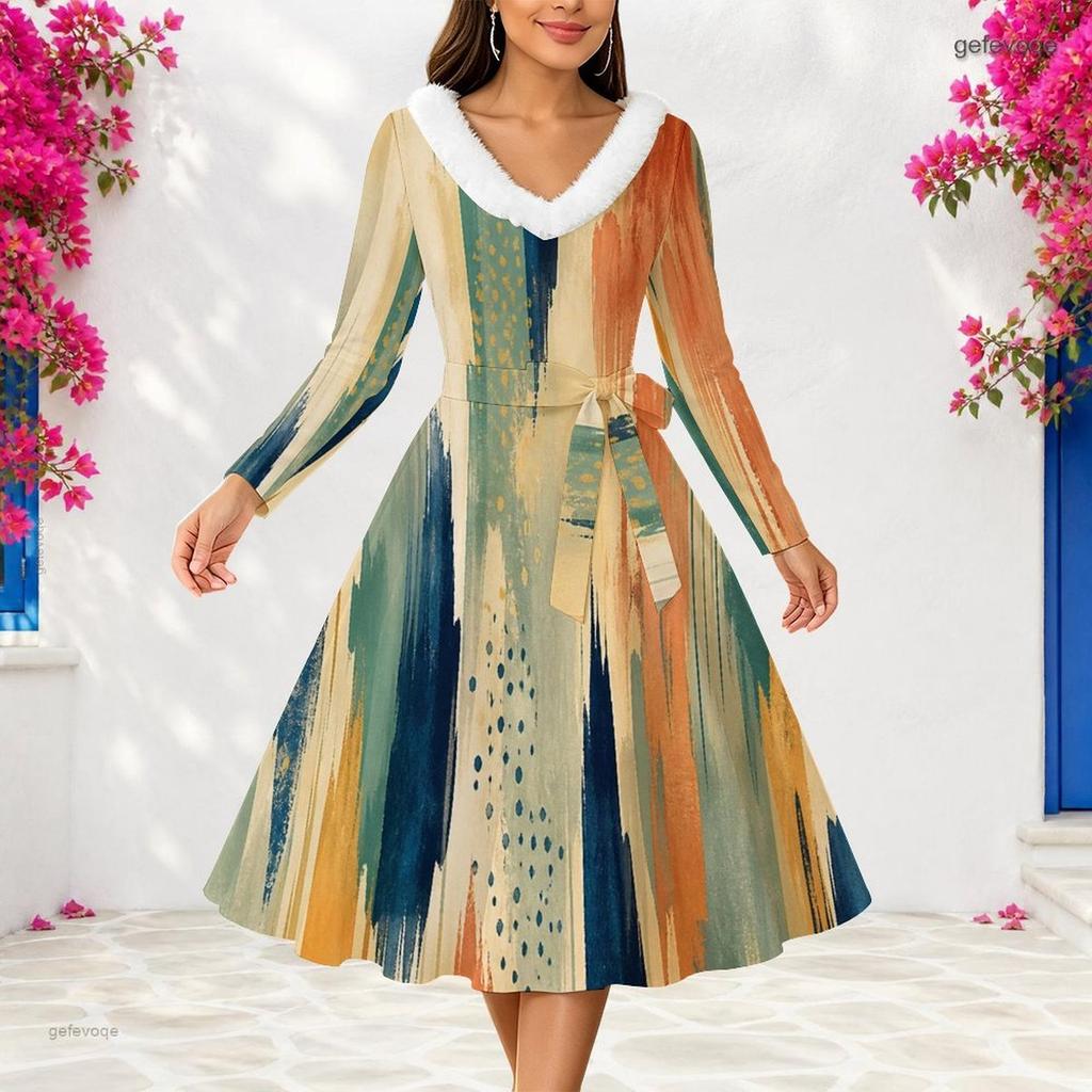 Women Plus Size V Neck Furry Trim Long Sleeve Printed Dark Blue Tie Waist A Line Midi Dress