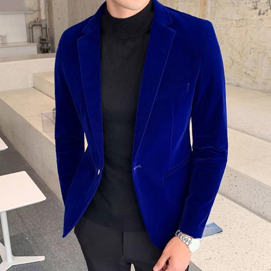 Spring Men Blazer Solid Color Turndown Collar Long Sleeve Slim Fit Single Button Velvet Suit Coat Streetwear