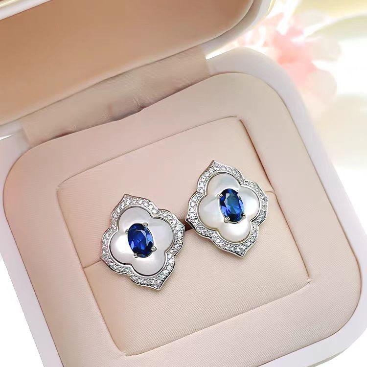 Light Luxury Design Four-Leaf Clover Fritillary Pendant Necklace High Carbon Diamond Ring Blue Spinel Stud Earrings Temperament Colorful Treasure Set