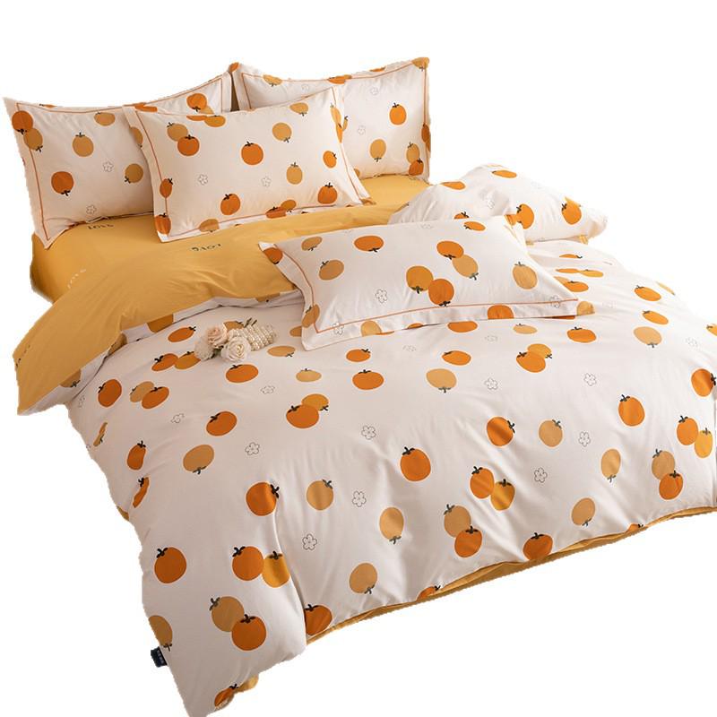 Fresh Orange 100% Cotton Four-Piece Bedding Set - Duvet Cover & Bed Sheet for Student Dorms and Homes