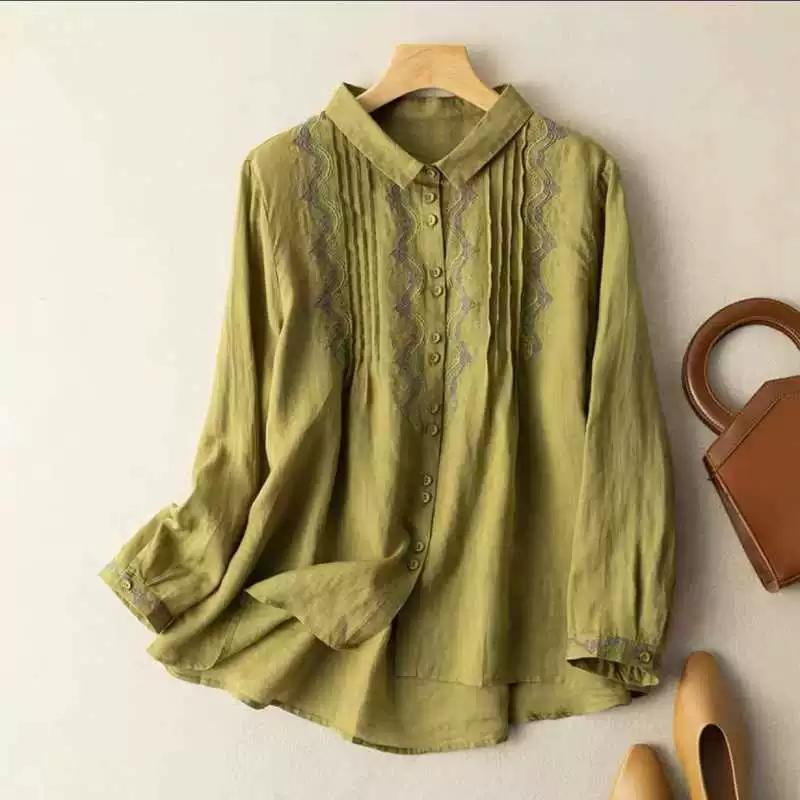 Cotton Linen Shirt for Women Summer 2023 New In Embroidery Vintage Blouses Loose Long Sleeve Top Turn-down Collar