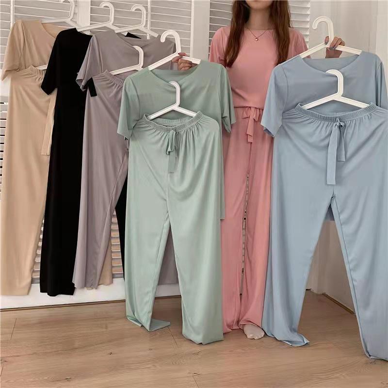 Ice Silk Pyjamas Kvinner Solid todelt sett Sommer Natttøy Kortermet Høst Koreansk Klassisk Basic Elegant Chic Trend