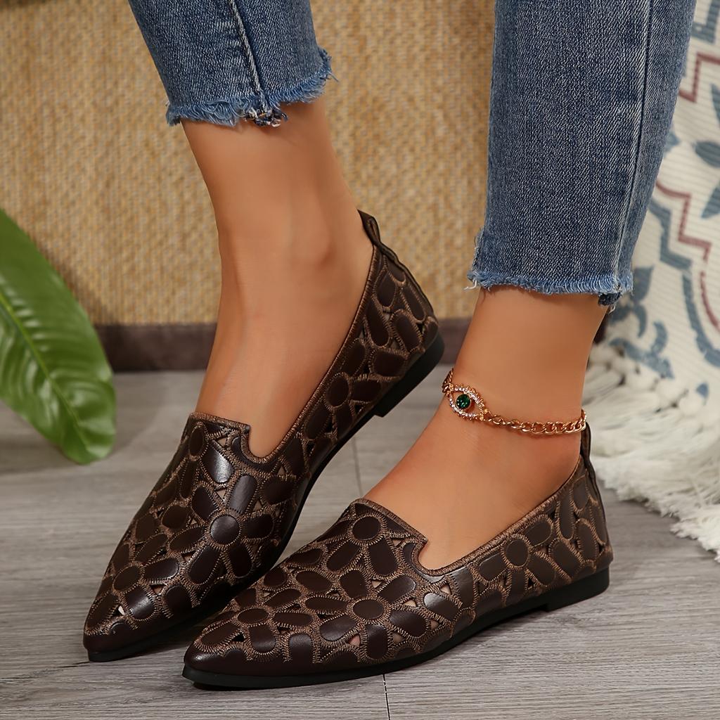 Embroidered Openwork Pointed-Toe Flat-Soled Loafers for Women, Plus Size, Low-Cut Slip-Ons, All-Season Leather Work Shoes