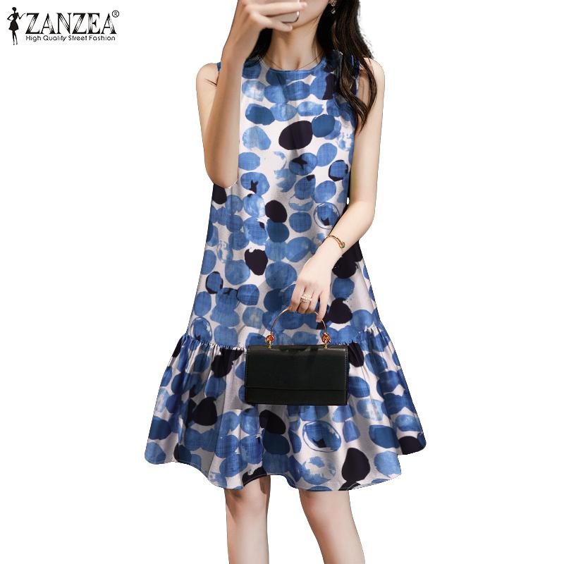 ZANZEA Women Casual Round Neck Summer Sleeveless Print Dress