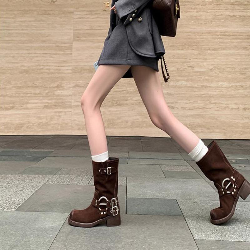 Miao-Stiefel, mattiertes Leder, Retro-Westernstiefel, Herbst und Winter, neue Stiefel mit dickem Absatz, poliert, mittelhoch, Ritterstiefel, Martin-Stiefel