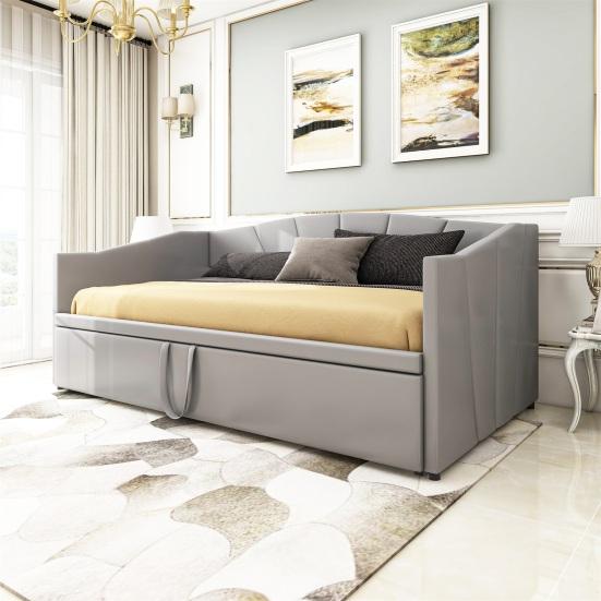 Upholstered Bed Extendable Sofa Bed 90/180x200cm with Slatted Frame, Multifunctional Bed Made of Skin-Friendly Velvet Fabric