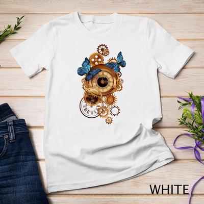 Camiseta Unisex Estética Vintage Retro com Engrenagem de Relógio Steampunk e Borboletas