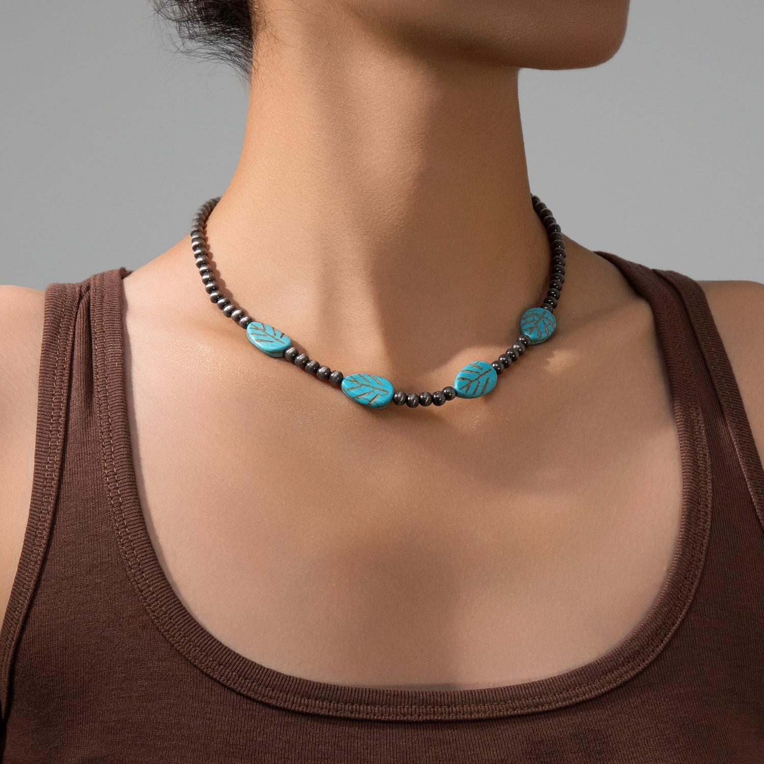 

Fashionable retro turquoise leaf mixed with brushed CCB bead neck for women Navojo necklace, versatile for daily use