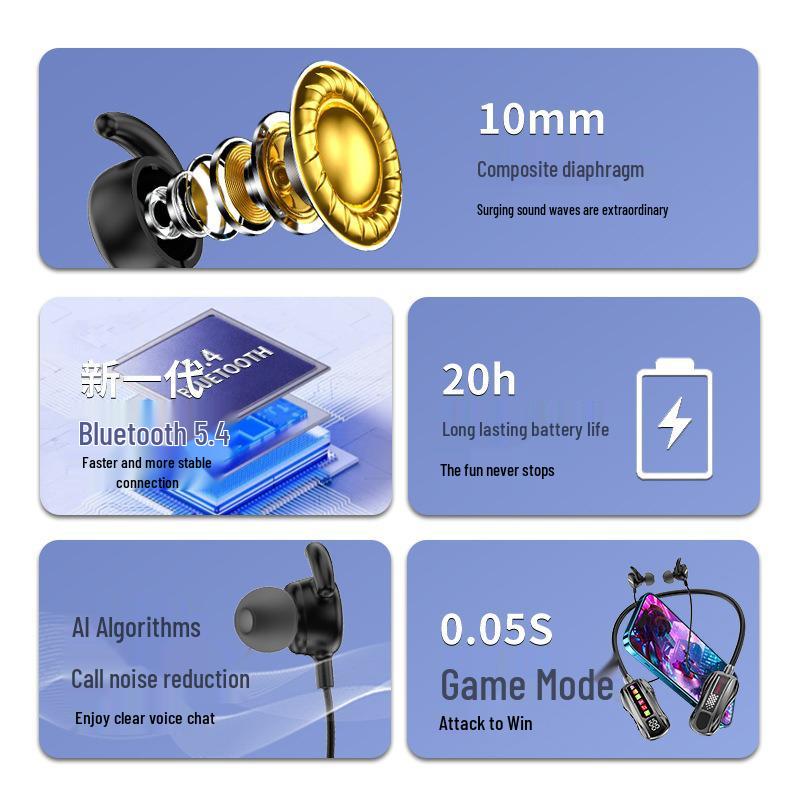 M101S Bluetooth Neckband Earphones with Long Battery, TF Card Support, Karaoke, and Back-In Ear Design.