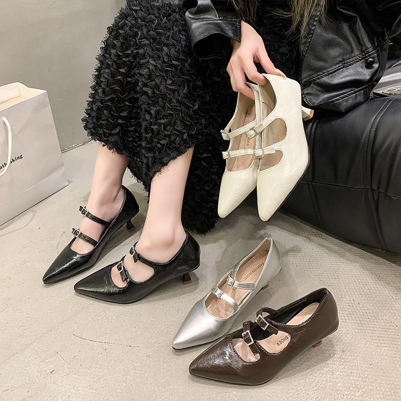 Golden Pointed High Heels Women's Autumn Low Heels Single Shoes Beautiful Temperament Silver Mary Jane Shoes Children