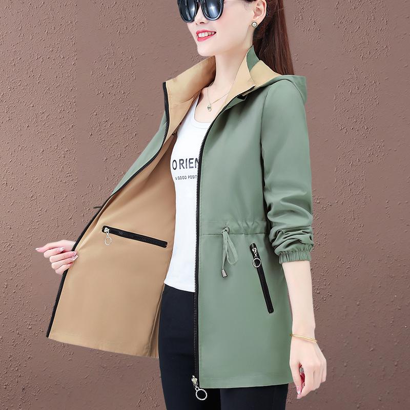 Women's Double-Sided Mid-Length Hooded Trench Coat with Detachable Elastic Waist and Zipper Pockets for Spring and Autumn