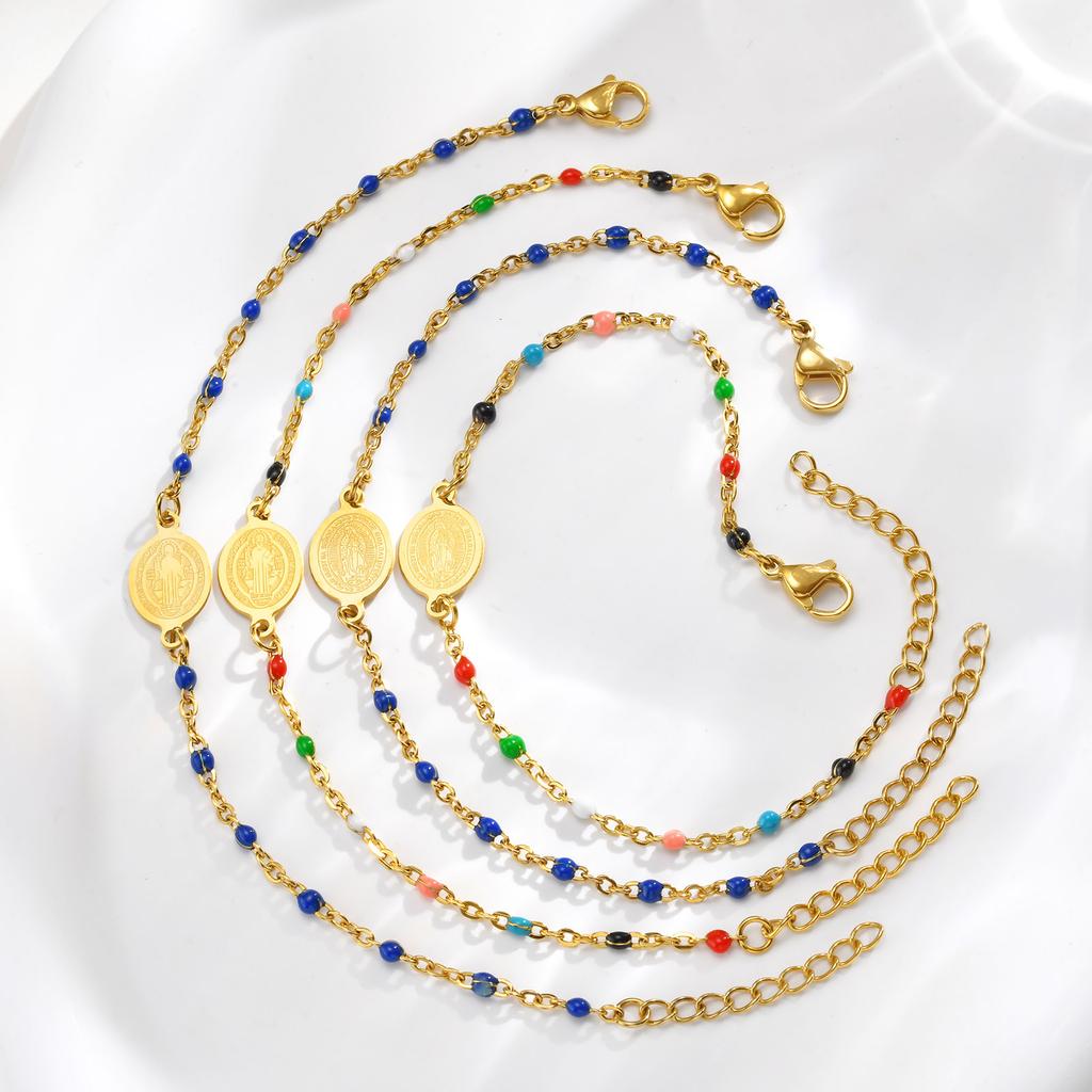 Colored Bohemian Virgin Bracelet for Women,Stainless Steel Blue Bead Chains Oval Bracelets,Holy Jewelry Gifts