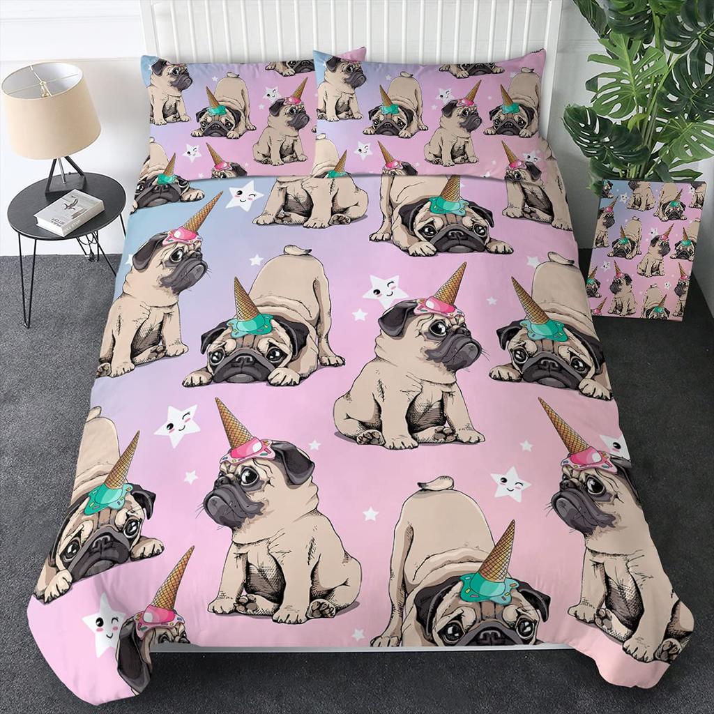 Cute Dogs Print Bedding Set Puppy Animal Duvet Cover Set 2/3 Pcs Watercolor Pastel Dog Paw Comforter Cover Pug Dog Lover Bed Set