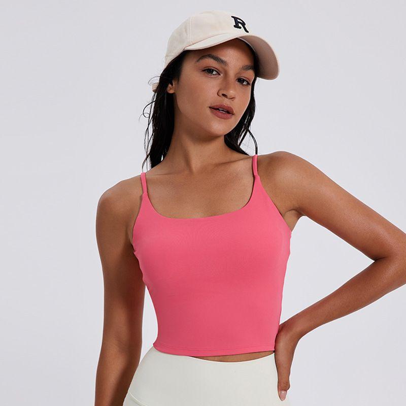 

Spaghetti Strap Beauty Back Fixed Cup One-Piece Vest Bubble Wrap Sports Bra Running Fitness Top Yoga Intimates Elastic Electro-Optical rose powder M