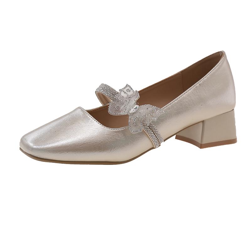 Fashion Square Toe Shallow Mouth Mary Jane Shoes Women's Autumn New Crystal Butterfly Block Heel Kitten Heel Temperament Single Shoes