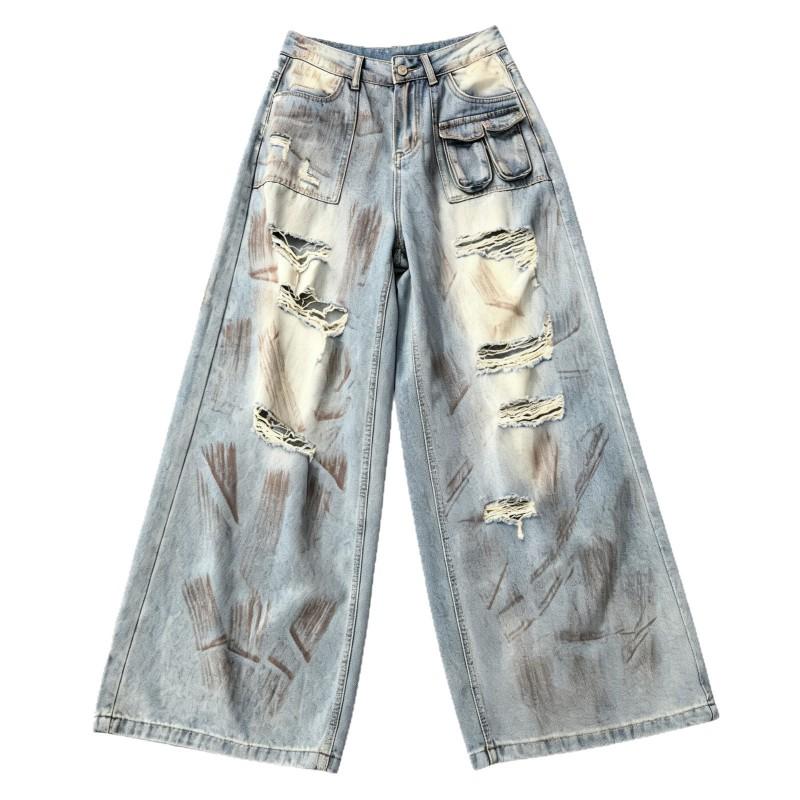High-Waisted Distressed Wide Leg Denim Pants Women - Relaxed Fit Vintage Streetwear Trousers