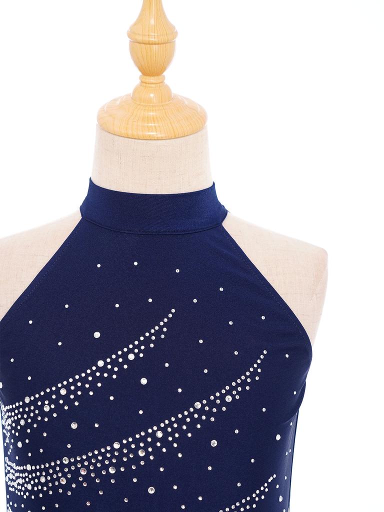 Girls Modern Lyrical Dance Dress Mock Neck Sleeveless Sparkly Rhinestones Color Block Side Split Chiffon Skirt