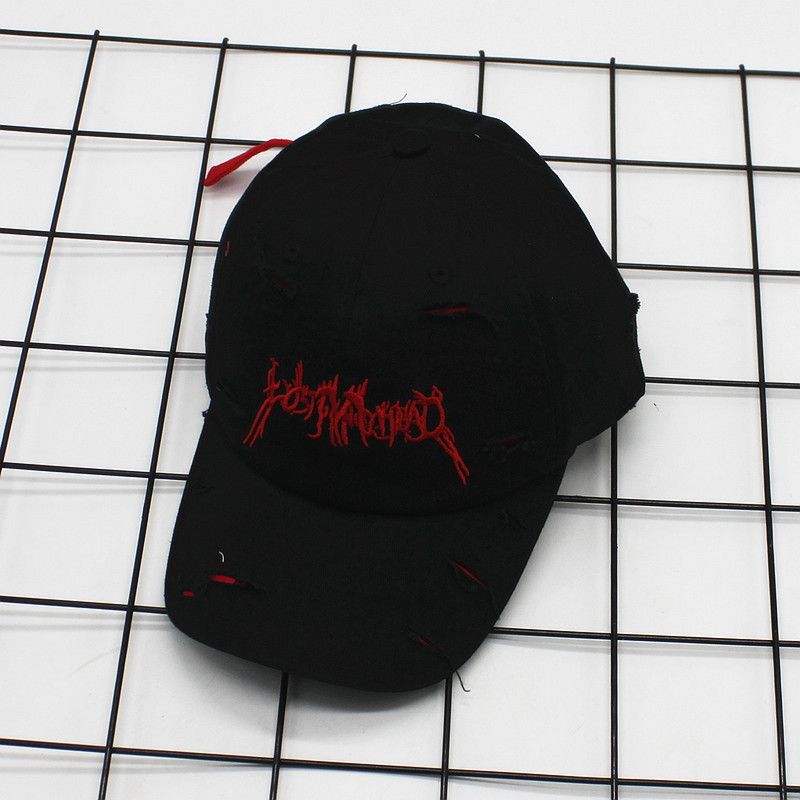 

K-style Spring and Summer Water Washed Hole Baseball Cap Trendy Letters Embroider Bendy Brim Cap Travel Sun-Proof Peaked Cap Black Adjustable