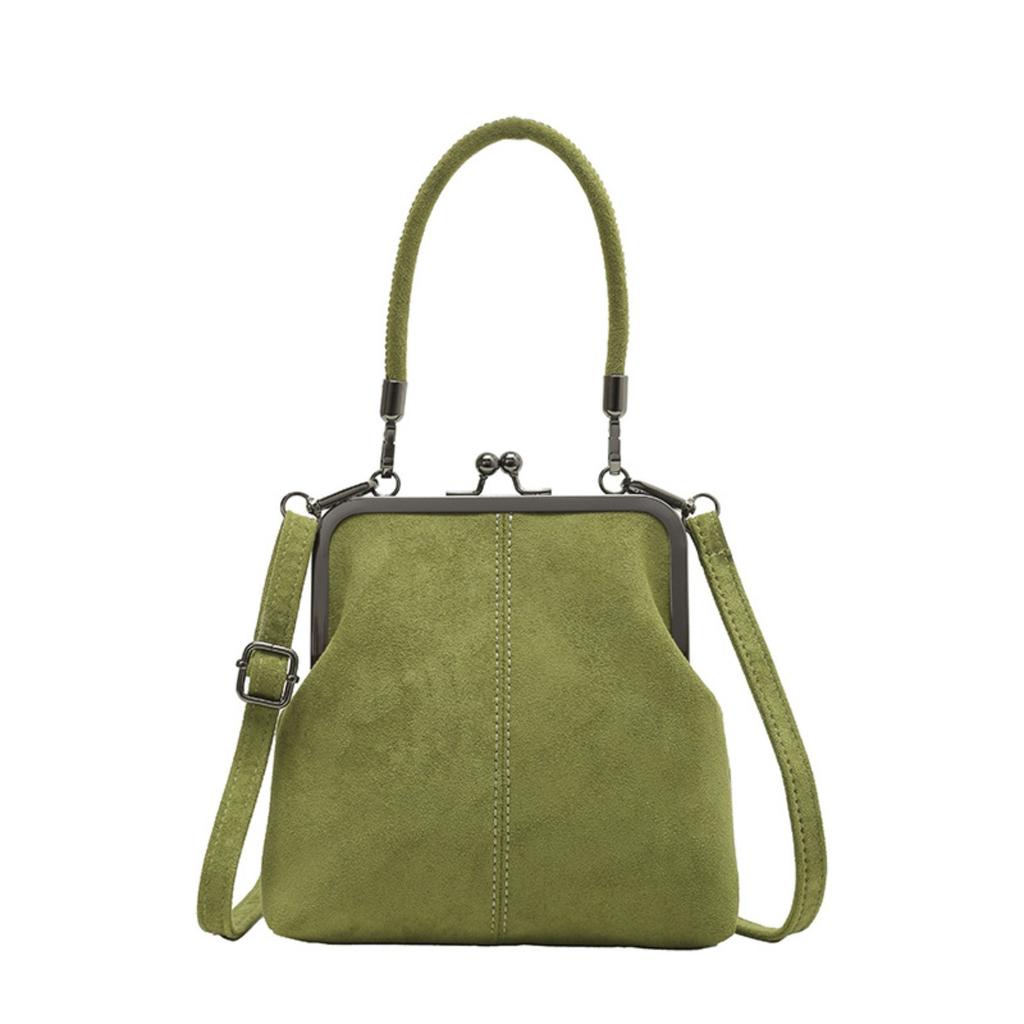 Damen Retro Crossbody-Tasche aus Wildlederimitat, Elegante Schultertasche mit Kontrastfarbe und Bügelverschluss, Abnehmbarer Schultergurt, Kleine Handtasche, Alltags-Handtasche