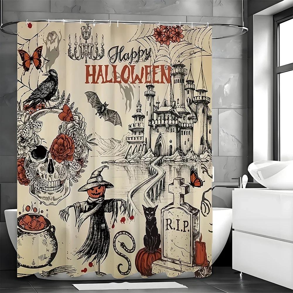 

Vintage Halloween Skull Castle Grave Gothic Skull Bat Raven Black Cat Shower Curtain, Bathroom Decorative Shower Curtain, Waterp W60H190(CM)-1 Pcs