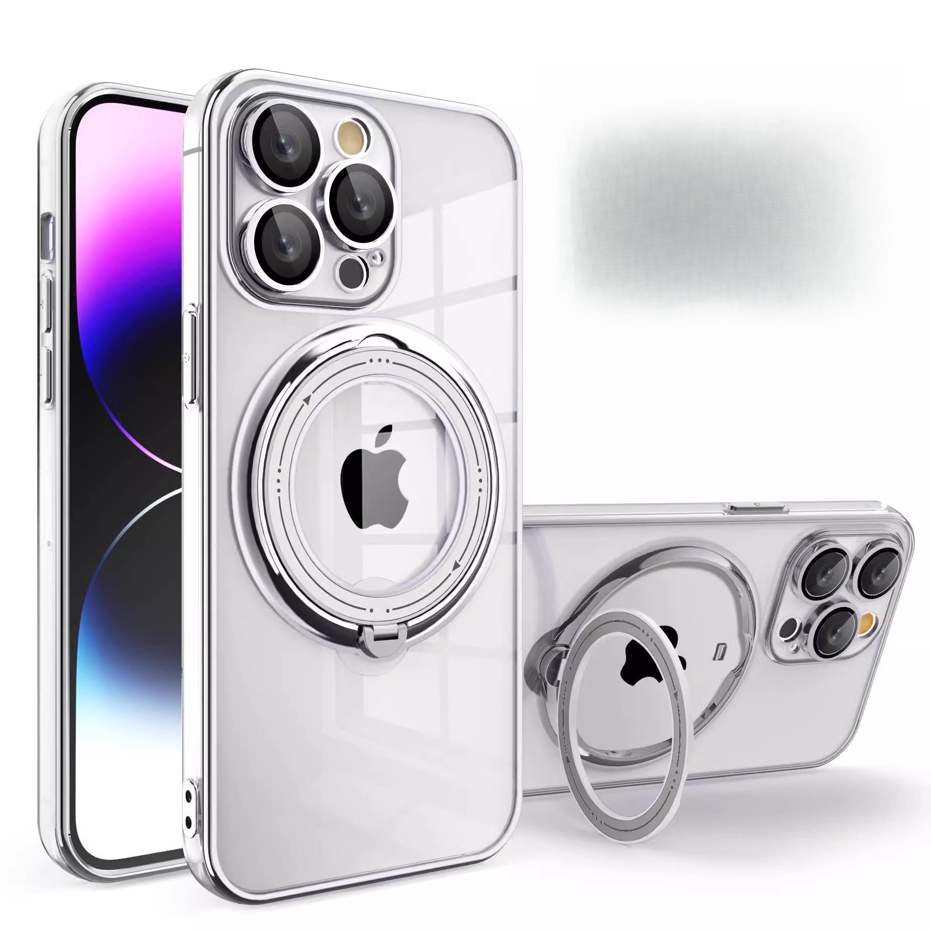 

Подходит для iPhone16ProMax Магнитная зарядка Чехол для мобильного телефона Прозрачный Вращающаяся подставка Apple 15 Противоударный защитный чехол 14 iPhone16 [large hole] серебряный