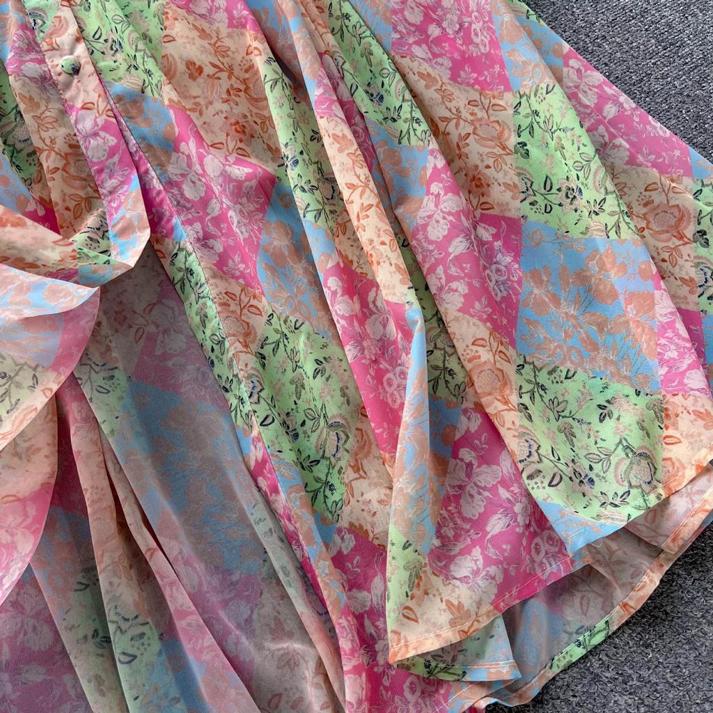 Women's Chiffon Print Dress: Stand Collar, Long Sleeve, Tie-Waist, Perfect for Spring & Autumn Vacations