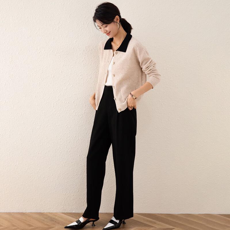 TUHUANG Women's Thick Pure Wool Color-Block Lapel Pocket Sweater