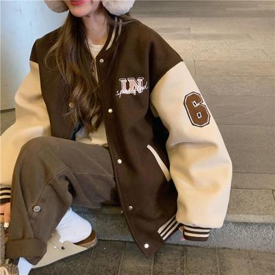 Autumn Winter Women's Casual Fashion Color Matching Baseball Suit Embroidery Vintage Cotton Jacket Female