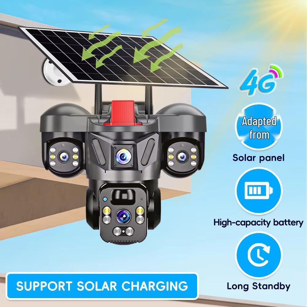 HD 4G Solar-Powered Outdoor Surveillance Camera with Tri-Lens, WiFi, Night Vision, Remote Access, and Waterproof Design for Home Use