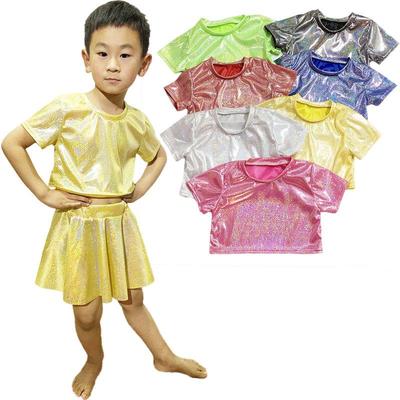 Top Corto Brillante con Lentejuelas para Niñas - Camiseta Elástica de Manga Corta con Aberturas