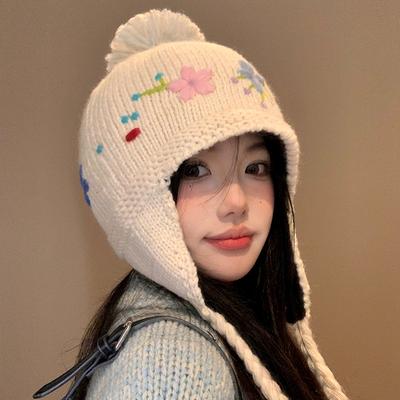 Retro Embroidered Flower Ear Protection Hat Women's Season Cute Jacquard Knitted Hat Cold and Warm Cover Lei Feng Hat