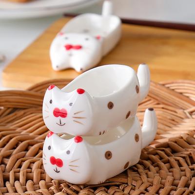 Cute Cat Ceramic Small Dish Mini Mustard Pesto Tomato Ketchup Soy Sauce Dish Seasoning Plates With Handle For Home Restaurant