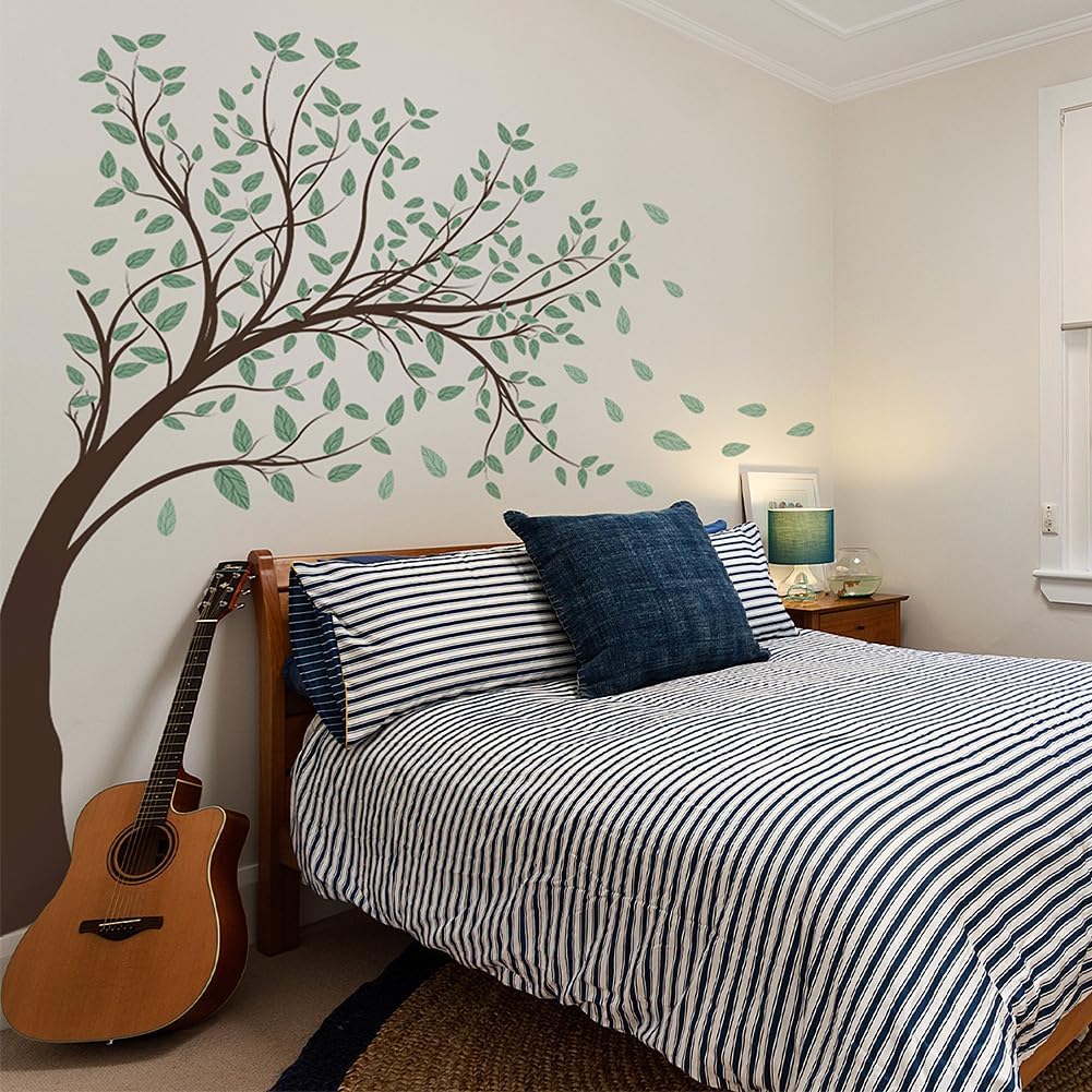 4 Sheets Green Tree Wall Decals Big Tree Wall Stickers Large DIY Peel and Stick Flying Leaves Wall Decor for Kids Bedroom Living Room Nursery Rooms