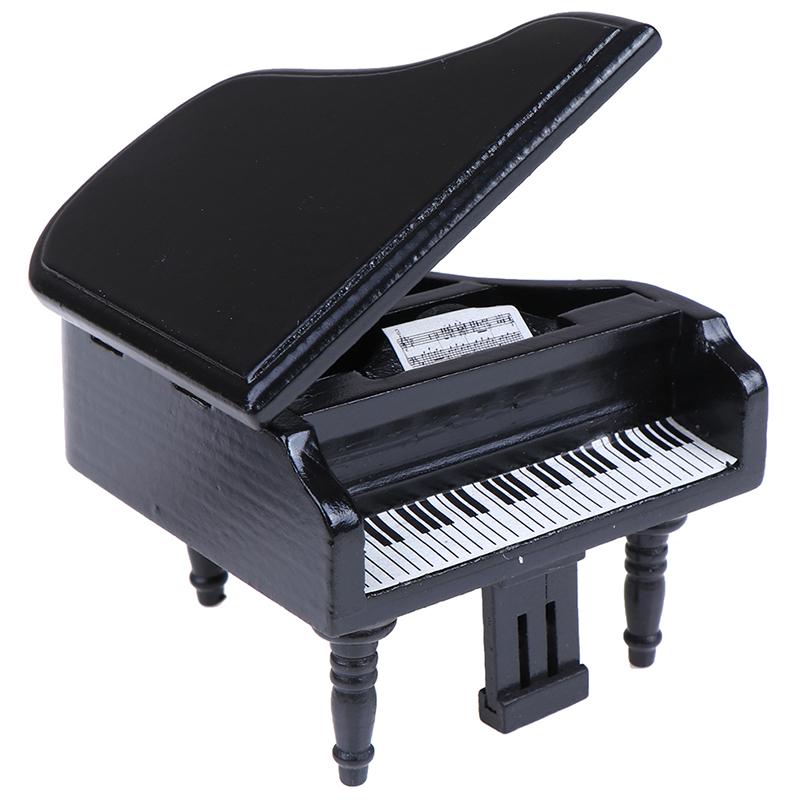 1:12 Dollhouse Miniature Black Wooden Grand Piano With Stool Model Play Toys