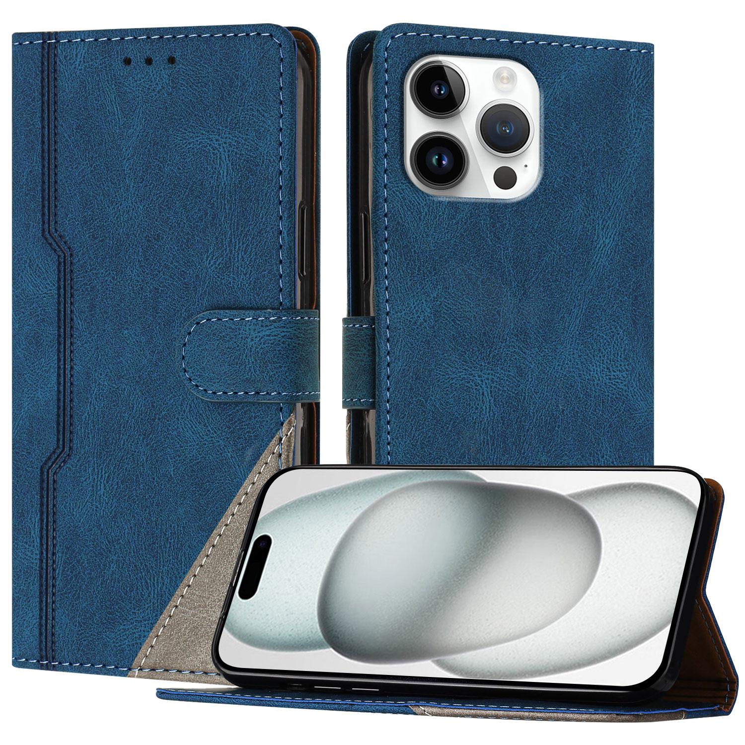 

For iPhone 16 Pro Max Leather Case Triangle Patchwork Wallet Stand Shockproof Phone Cover B