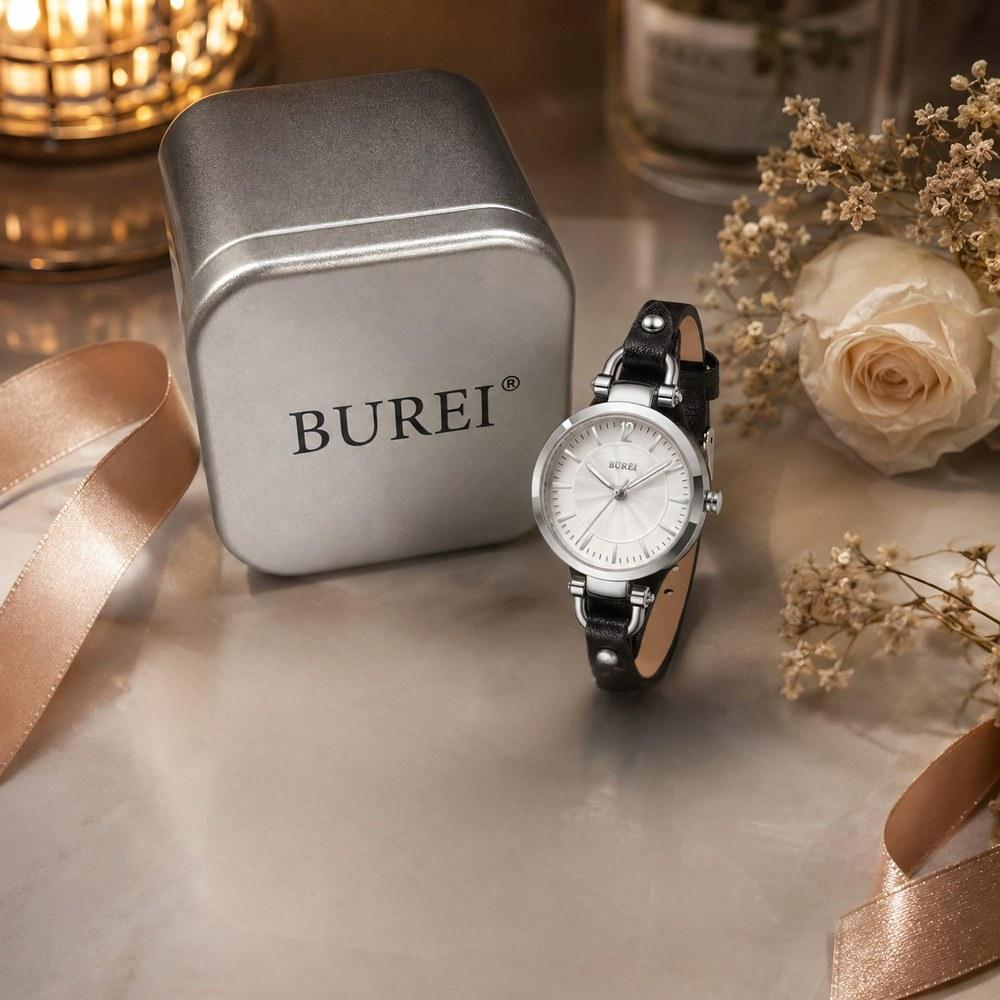 BUREI Women's Watch Silver Japan Quartz Waterproof Slim Black Leather Belt