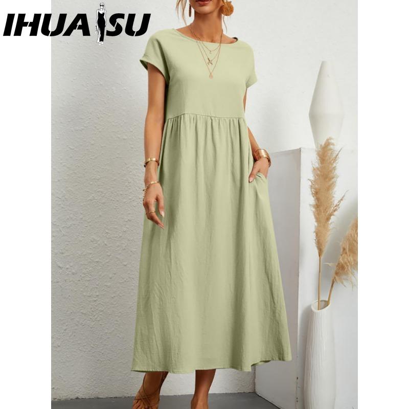 

IHUASU Жіноча Мода Літо Весна Однотонний Принт Короткий Рукав Круглий Виріз Повсякденні Сукні XL зелений