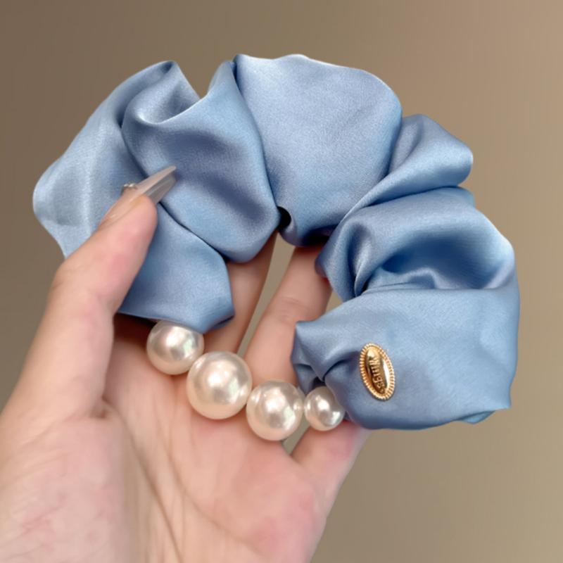 Korean Style Satin Pearl Trim Scrunchie, Elegant and Gentle Low Ponytail Style Travel Hair Tie