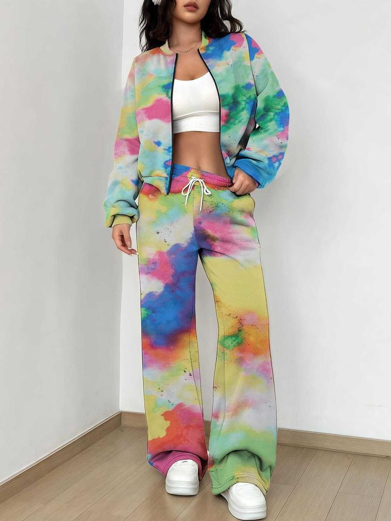Color Tie-dye Autumn and Winter New European and American Women's Clothing Striped Printing Suit Women