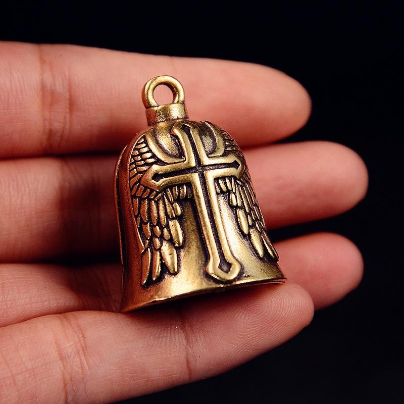 Vintage Cross Wings Angel Guardian Bell Motorcycle Necklace Brass Charm Pendant Rider Jewelry Lucky Amulet Gift