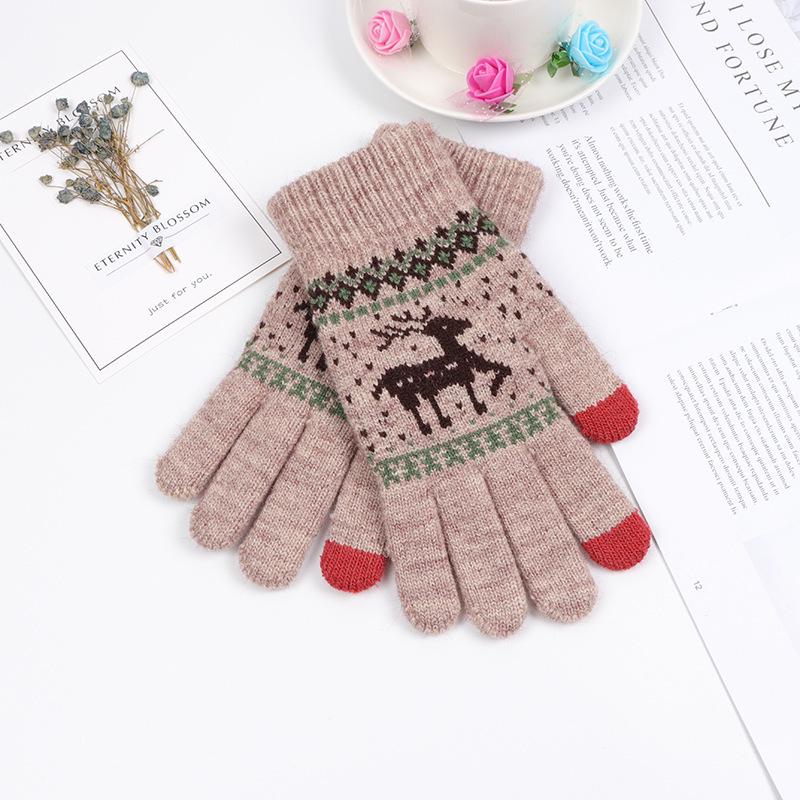 Korean Style Women's Warm Touch Screen Wool Gloves with Elk Print - Autumn/Winter Fashion, Christmas Couple Edition.