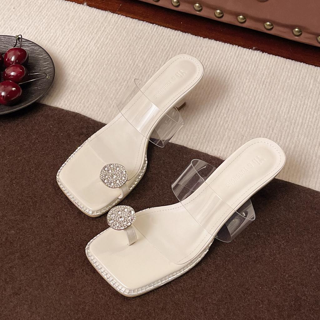 2025 summer toe slippers women's outer wear temperament square head rhinestone word with stiletto sandals high heels pinch feet