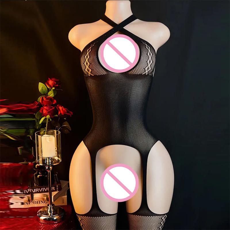 Women Lace See-Through Open Crotch Bodystockings Sexy Halter Fishnet Bodysuit Lingerie
